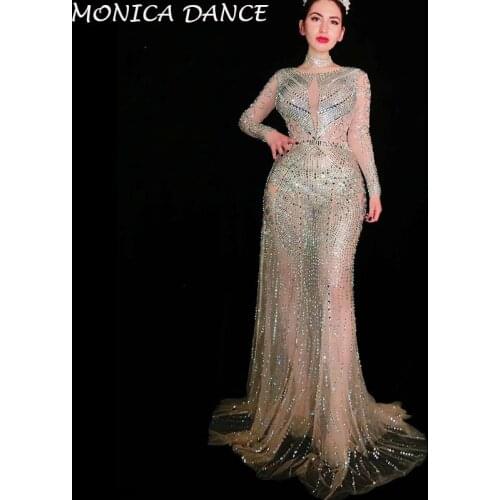 Women Sexy Stage Net Yarn Rhinestones Dress Stage Wear Big Stretch One-piece Dress Singer Evening Performance Skinny Long Dress