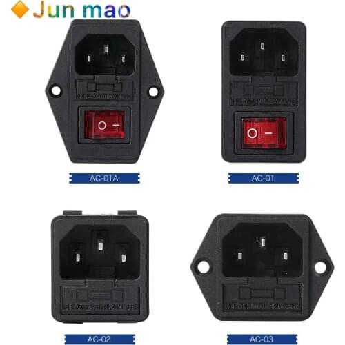 1PCS 10A 250VAC 4 Pin IEC320 C14 inlet connector plug AC power socket with red lamp rocker switch 10A fuse holder