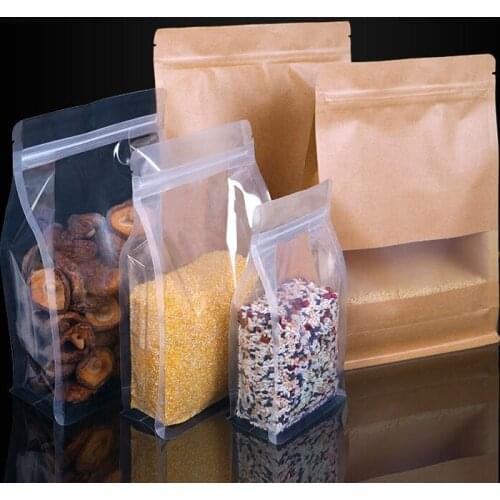 500Pcs/Lot 4 Styles Kraft paper Transparent Frosted Octagon Plastic Bags Square Bottom Ziplock PE Dried Fruit Rice Food Bags