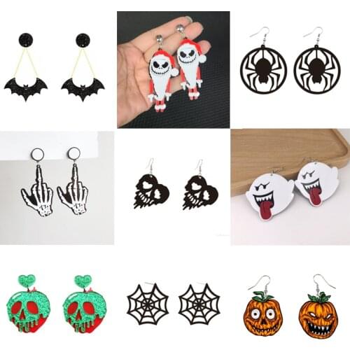 Donarsei Halloween Bat Pumpkin Skull Acrylic Earrings Women Hallowmas Costume Cosplay Scary Spider Skeleton Drop Earring Party