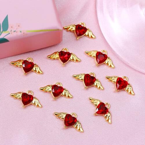 10Pcs 17*10mm Shiny Crystal Heart Wing Charms Gold Metal Alloy Love Wings Jewelry Charm For DIY Earring Handmade Crafts Supplies