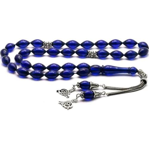 Rosary with 925 Sterling Silver Tassel and Barley Cut Blue Amber Stone Natural Stone Beads Prayer Islamic Muslim Tasbih