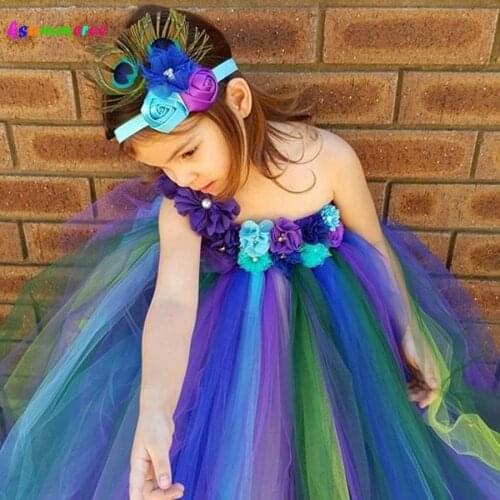 Elegant Peacock Tutu Dress and Flower Headband Girls Baby Peacock Wedding Tutu Dress Kids Birthday Party Costume TS117