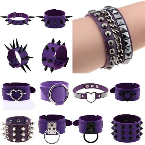 Purple Goth Bracelets For Women Punk Boho Emo Spike Rivets PU Leather Charm Bracelet Cuff Bangles Festival Jewelry Party Gifts