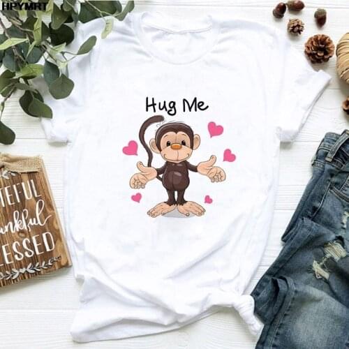 Kawaii monkey Print T Shirt Women Hug Me Cute Graphic T-shirt Harajuku Tops Tee Short Sleeve Animal Summer Casual Female Tshirts