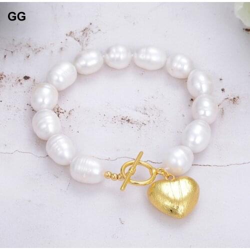 GuaiGuai Jewelry Natural Cultured White Rice Pearl Bracelet Gold Color Plated Brushed Heart Charm 8"
