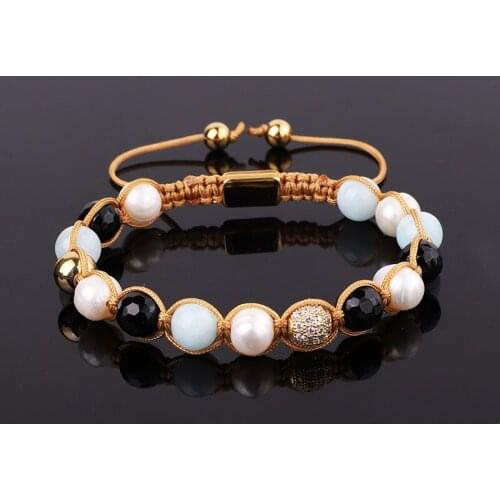 Jaravvi Unique Design 8mm Gemstone Blue Jade Freshwater Pearl Beads Braided Friendship Bracelet For Women