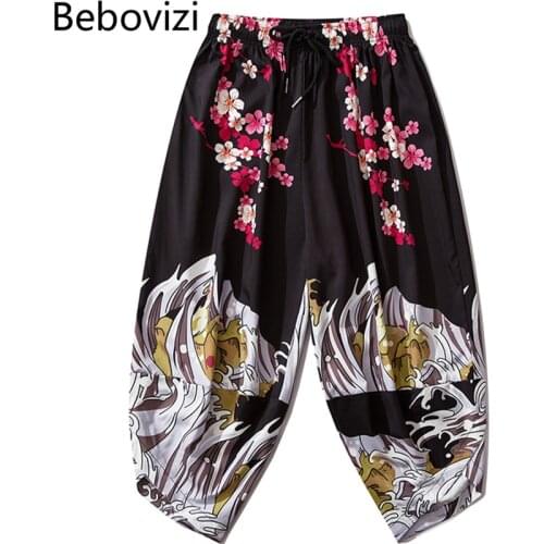 Bebovizi Japanese Crane Sakura Kimono Suit Thin Traditional Pants Men Asian Clothing Elastic Waist Pant Loose Trousers Cosplay