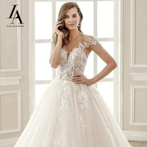 Sweetheart Appliques Wedding Dress 2021 Light Lace Ivory A-Line Train Illusion Princess LelaAcra SZ08 Bridal Vestido De Noiva