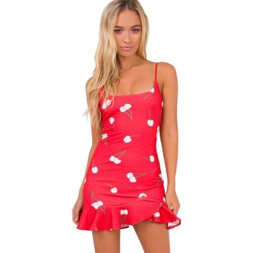 Sweet Womens Cherry Print Ruffles Suspender Dress Short Dress Summer Dress Bodycon Dress Club Dress Sexy Dress
