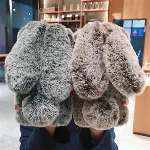Lovey Rabbit Furry Mobile Phone Cover For Huawei P10 Plus P20 Lite P30 Pro P40 Lite E P Smart 2019 2020 Bunny Winter Warm Case