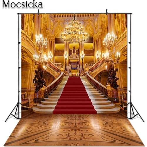 Mocsicka Red Carpet Stairs Photography Backdrop Beauty and the Beast Party Opera Castle Light Palace Portrait Photo Background