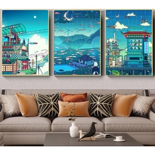 Cartoon City Scenery Canvas Painting Frame Wall Art Anime Comic World Modular Picture For Living Room Home Decor Print Poster