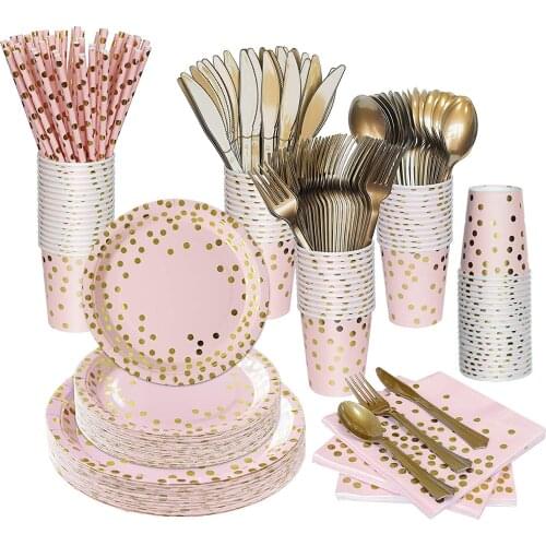 Pink Gold Party Supplies Disposable Dinnerware Sets Paper Dinner Plates Tableware Cutlery for Birthday Wedding Graduation Decor