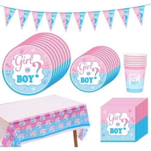 Gender Reveal Disposable Tableware Paper Straws Plates Cups Banner Boy Or Gir Baby Shower Birthday Party Supplies Decorations