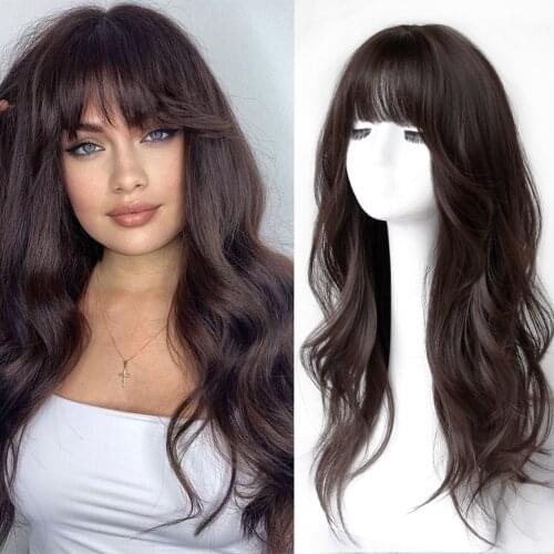 LANLAN Long Brown-Black Wavy Middle Part Hair Wig with Bangs Heat Resistant Synthetic Wigs for Women Cosplay Party Daily Wigs