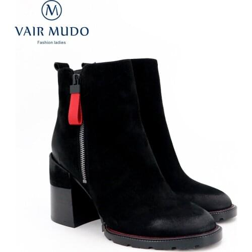 VAIR MUDO Spring Autumn Winter Ankle Boots Shoes Women High Heels Fashion Black For Work Round Toe Genuine Leather Lady ShoeDX17