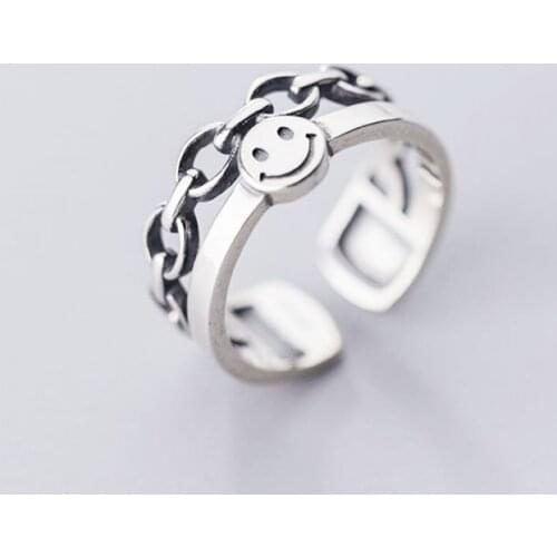 Sole Memory Retro Smile Happy Smiley Double Layer Chain 925 Sterling Silver Female Resizable Opening Rings SRI553