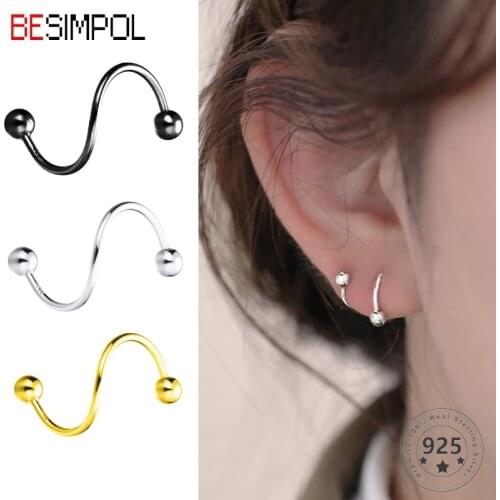 Besimpol Genuine 925 Sterling Silver Cool Stud Earrings Simple Screw Rotating Spring Earrings For Women Fashion Fine Jewelry
