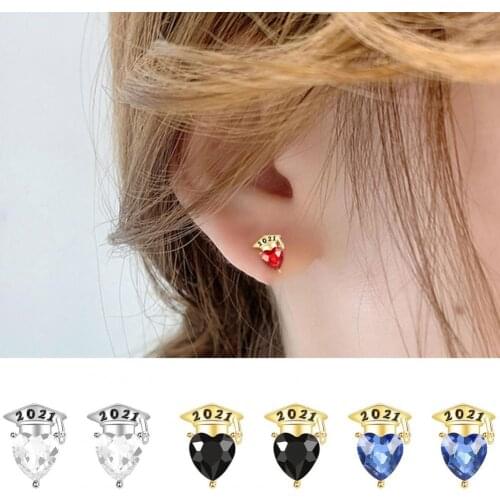 Women Cubic Zirconia All-match Heart Shape 2021 Engraved Stud Earrings Graduation Gift Female Earring Fashion Jewelry серьги