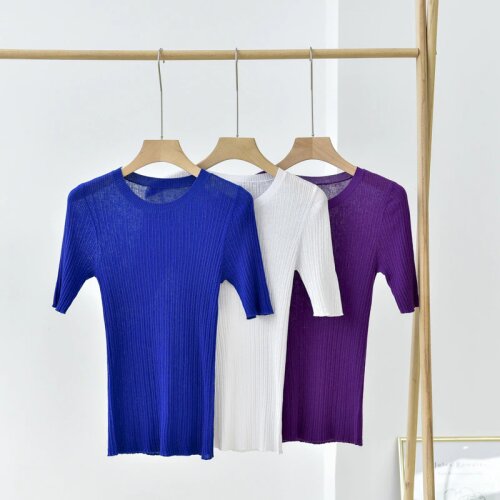 Women Sweater 2021 Summer Cotton Silk Cashmere Top Round Neck Solid Color Knit Short Sleeve Thin Women