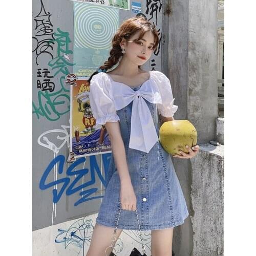 Sannian Bubble Sleeve Denim Dress Women Summer 2021 New Short Lace Bow Dress Hottie Clothes Party Dresses