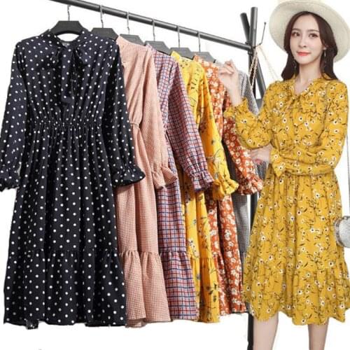 Women Shirt Vestidos Vintage Print Bow Spring Autumn Office Dresses Midi Floral Long Sleeve Chiffon Dress Female