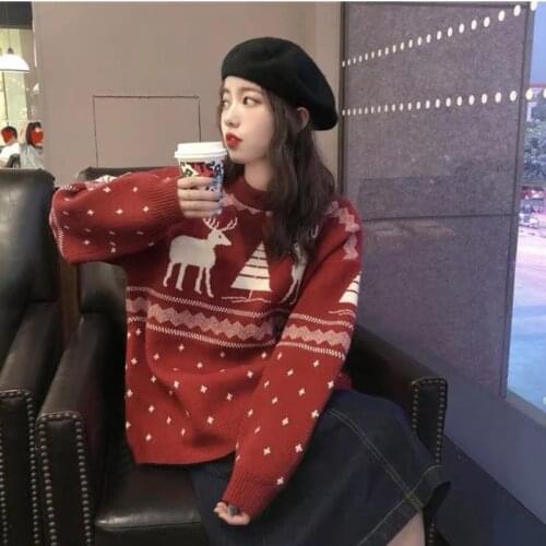 Winter Women Sweater Pullover Christmas Crop Top Reindeer Printed Thicken Plus Size Loose External Wear Xmas Jumpers Female A010