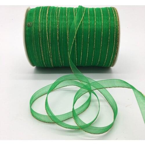 10yds/lot 3/8" 10mm Green Glitter Golden Rimmed Organza Ribbon Bow Hair Wedding Decoration Lace Crafts