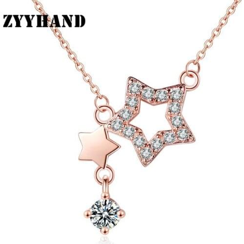 Rose-Gold Star Clean Stone Women Necklace Girl Cross Chain AAA Zircon Lady Casual Wedding Party Neck Jewelry