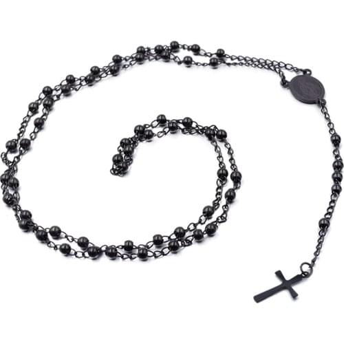 Stainless steel black chain beads rosary women virgin mary necklaces religious classical cross cool jewelry RN107