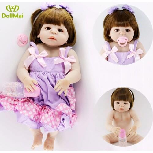 Bebe real reborn 22"55cm full silicone reborn baby dolls purple dress girl princess doll BJD can bathe toy for kids gift