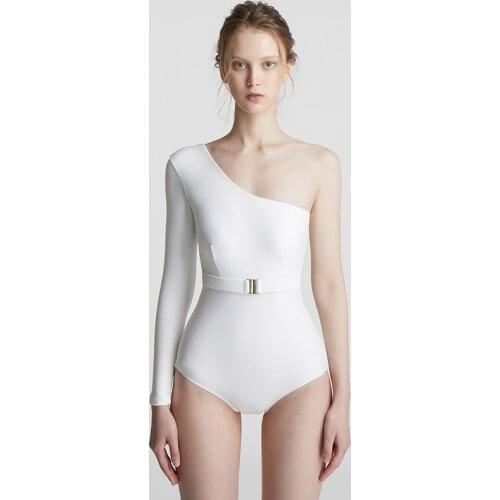 Women Single Shoulder One Piece Swimsuit Solid Long Sleeve Swimwear Monokini Belt Swim Suit Korea Style Bathing Suit Padded