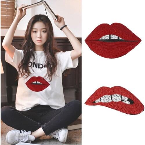 Han Noble Big Red Lips Sequins Patches Applique iron on Embroidered for Clothes Sticker Diy Party decor supplies New P2851pcs