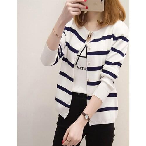 Fashion Striped Cardigans Sweaters Women O-neck Long Sleeve Knitted Loose Tops Autumn Casual Short Knitting Sweater Coats FP1369