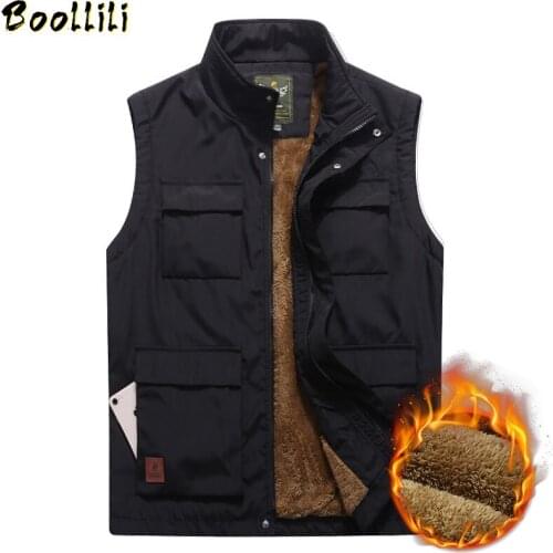 Mens Winter Vest Thicken Fleece Multi Pocket Waistcoat Casual Warm Mandarin Collar Photographer Sleeveless Jacket Plus Size 5XL