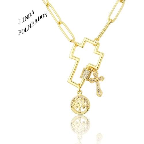 2021 New Arrival Fashion Hot Sale Cross Pendant Gold Chain Necklace Copper Cubic Zircon Choker Religion Jewelry Gifts