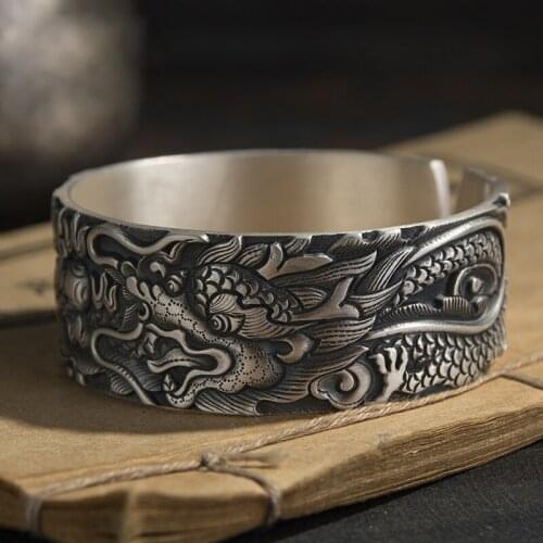 New Silver Bracelet Mens Bracelet Fashion Retro Style Silver Bracelet Silver Wide Face Personality Dragon Bracelet Jewelry