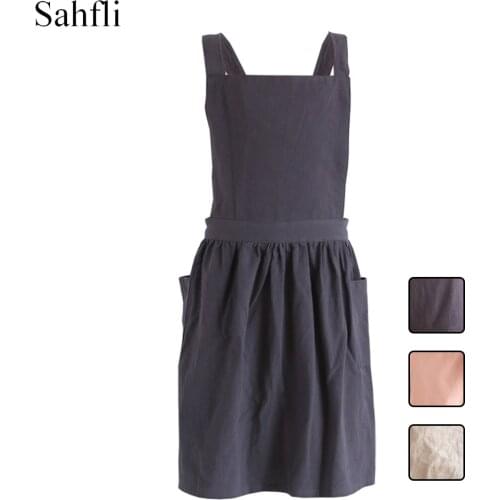 Japanese Style Antifouling Solid Color Double Shoulders Sling Cotton Childrens Sleeveless Apron Small Pockets on Both Sides