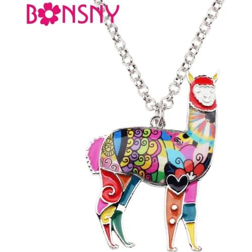 Bonsny Enamel Alloy South American Alpaca Necklace Pendant Chain Sweater Choker Cartoon Animal Jewelry For Women Girls Gift New