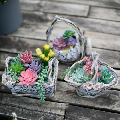 Pastoral Blue White Porcelain Retro Flower Pot Outdoor Courtyard Villa Succulent Plant Resin Vase Figurines Decoration Crafts