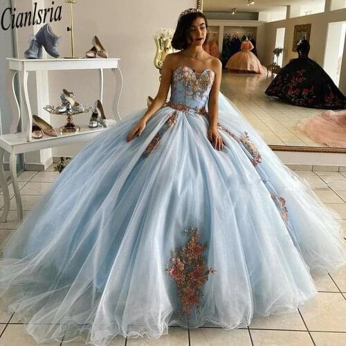 2022 Blue Sky Quinceanera Dresses with Detachable Long Sleeve Embroidery Appliques Prom Dress Princess Junior Party Gown