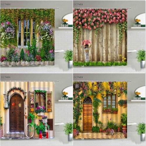 Street Flowers Plant Shower Curtains Set Retro Style Old Door Rural Scenery Background Wall Hanging Luxury Bathroom Decor Hooks