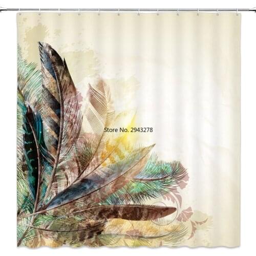 Colorful Feather Pattern Waterproof Bath Curtain 3D Polyester Fabric Shower Curtain with12 Hooks for Mildewproof Bathroom Decor