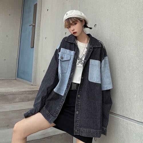 Autumn 2021 New Loose Harajuku Contrast Color Long Sleevedenim Jacket Women Top Ins Fashionable Chaqueta Mujer Veste Femme Coat