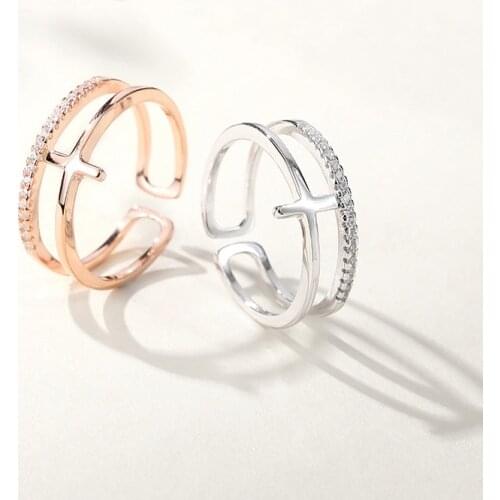 MloveAcc Simple Style 925 Sterling Silver Sparkling Zircons Cross Opening Rings Double-layer Rings for Women Fashion Jewelry