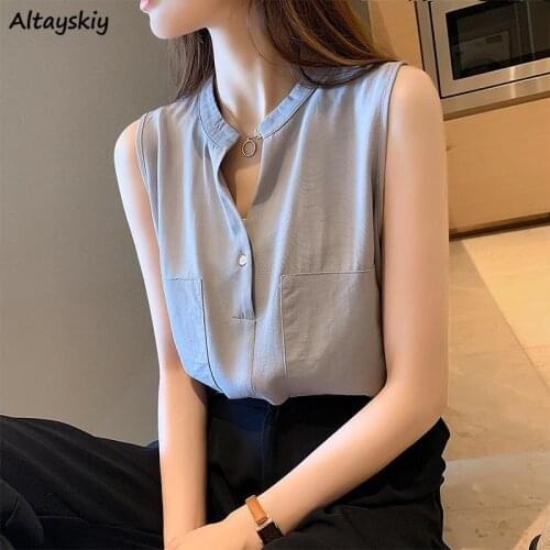 Sleeveless Shirts Women V-neck Casual Elegant Straight Fashion Tops Cool Girl Tender Ladies Stylish Streetwear Pockets Solid New