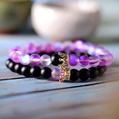 DOUVEI Charm Crown Couples Distance Bracelet Women Natural MoonStone Beads Bracelets&Bangles Fashion Jewelry Gift AB249