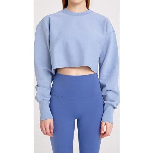 Johnature Casual Pullover Short Women Hoodies 2021 New Midriff-baring Sport Loose Solid Color O-neck All Match Sweatshirts
