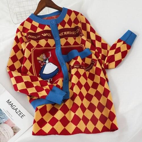 Spring Lovely Knitted Sweaters Women Two Piece Set Cartoon Embroidery Argyle Plaid Cardigan Skirt Set Outfits Matching Sets TZ08